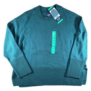 NWT GAP Women's XL Green Ribbed Knit Oversized Crewneck Sweater Split Hem